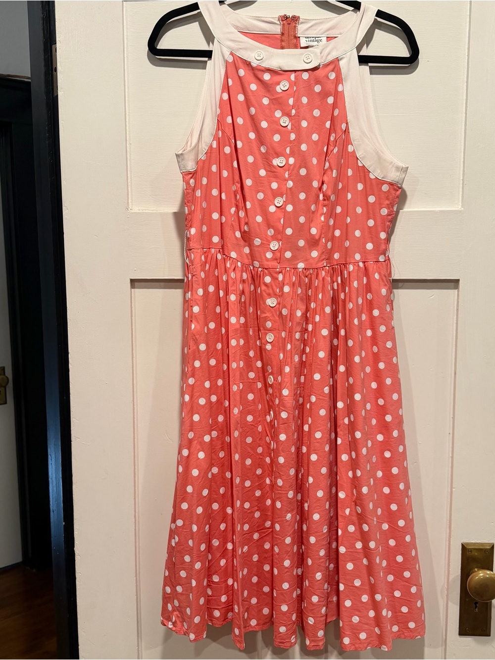 Unique Vintage Pink Polka Dot Dress with White Trim, size L